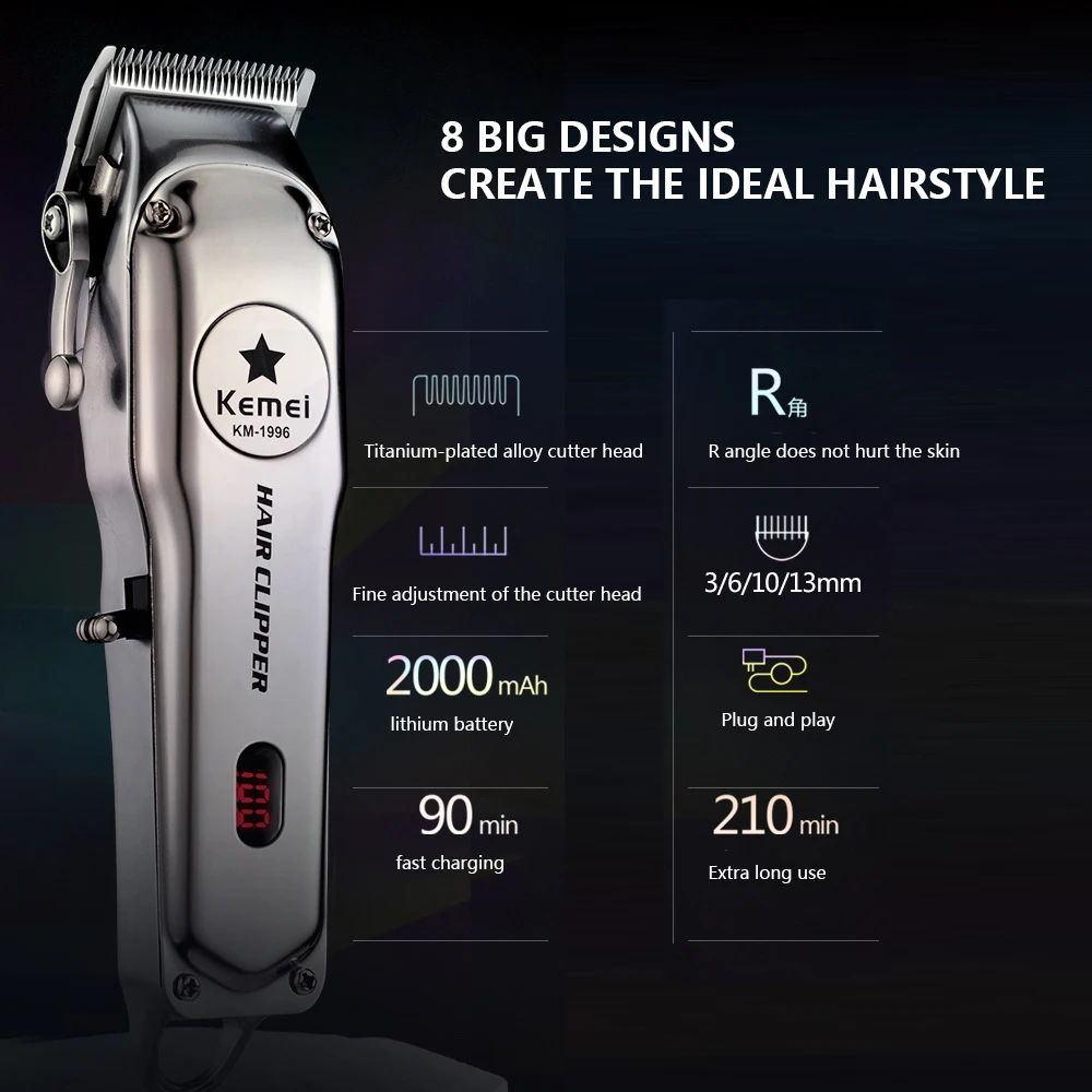 Kemei-1996 Barber Shop Rechargeable Hair Clipper All Metal Electric Hair Trimmer Men Professional Beard Trimmer Haircut Machine