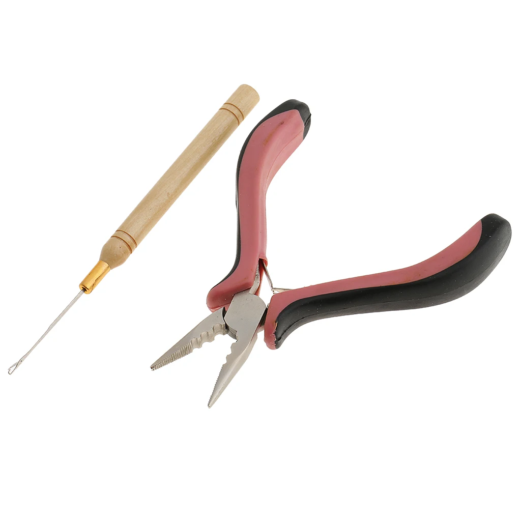 Hair Extensions Pliers with Wooden Pulling Hook Set For Silicone Micro Ring Loop Bead