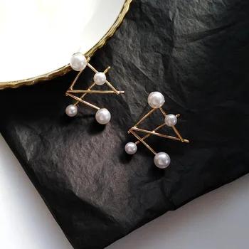 

S925 Silver Needle Cool Geometry Lines Ear Stud Sweet Pearl Ear Stud Elegant Exaggeration Normcore Style Ear Stud Women's 969