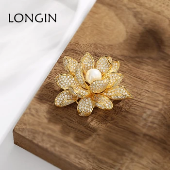 

Golden Lotus pearl brooch Korean version of the exquisite Micro Pave zircon brooch pin button suit jacket brooch gift accessorie