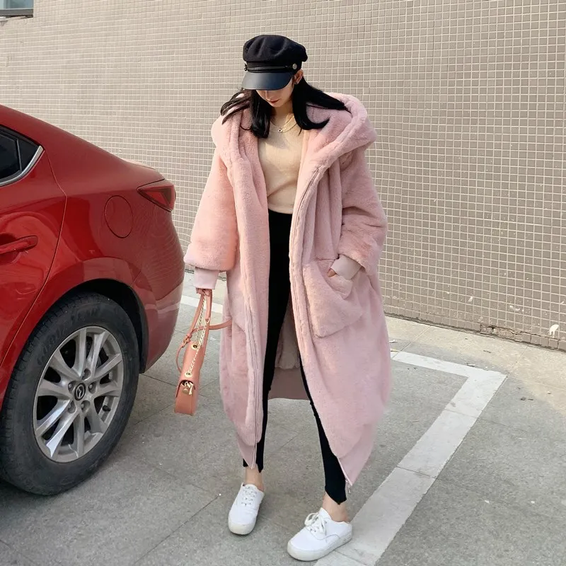 Высококачественные толстовки Длинные розовые пальто из искусственного меха более размера d утолщенные элегантные женские зимние пальто из кроличьего меха размера плюс женские плюшевые пальто