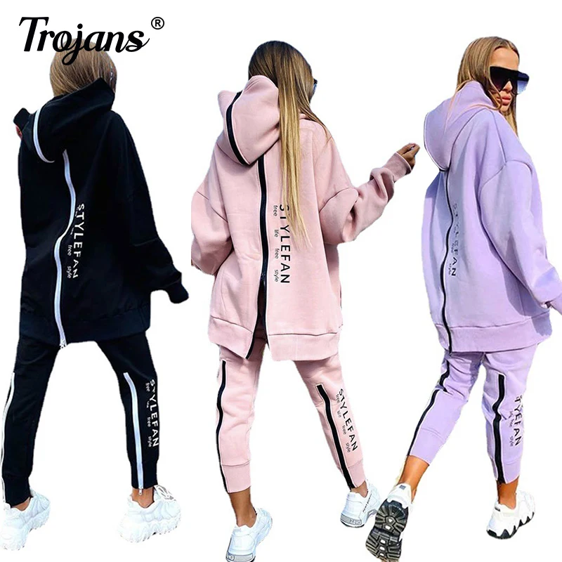 

Women's Tracksuit Streetwear Running Sportswear Backwards Zipper Long Hoodies+Long Pant 2 Pice Set Autumn Winter Female Clothing