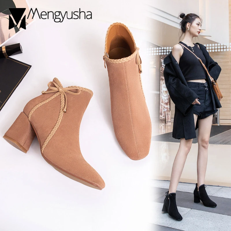 

2019 Brand Winter Boots Women Knitted Rope Designer Bowtie Martin Boots Femme Short Ankle Botas Thick High Heels Snow Botines