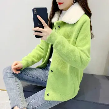 

Women 2020 Autumn Winter Imitation Mink Cashmere Knit Coat New Female Loose Cardigan Sweater Long Sleeve Short Outerwear G779