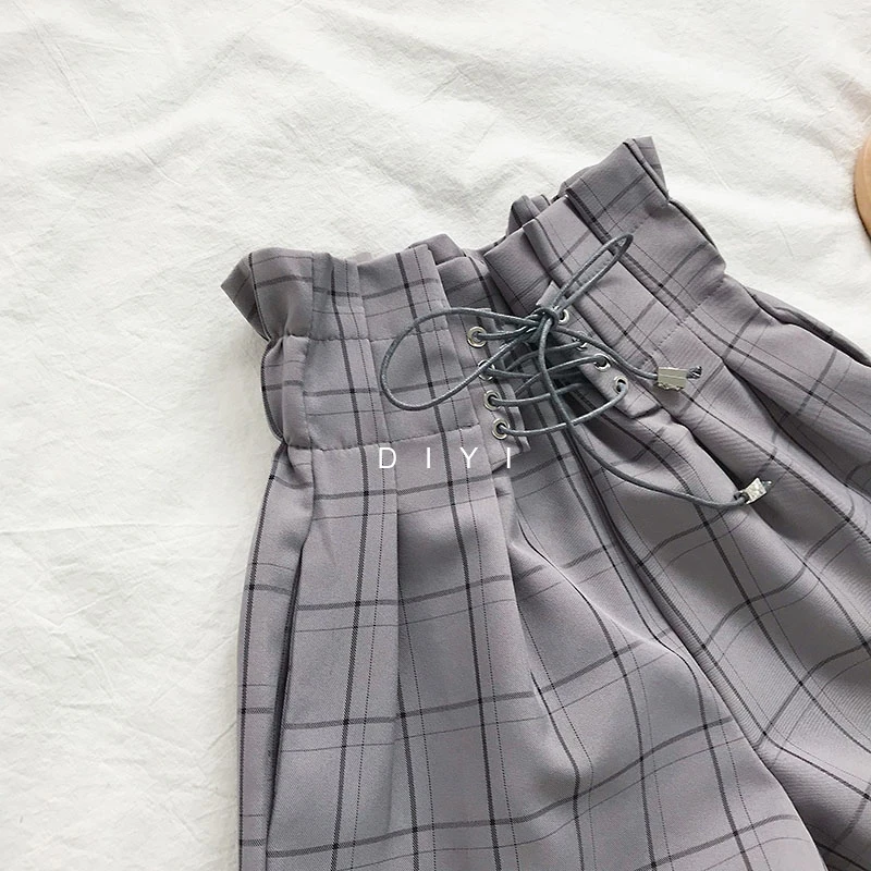LMCAVASUN японский Harajuku ретро клетчатые летние шорты для женщин 2019 модные кружевные шорты с высокой талией широкие шорты для девочек Горячие