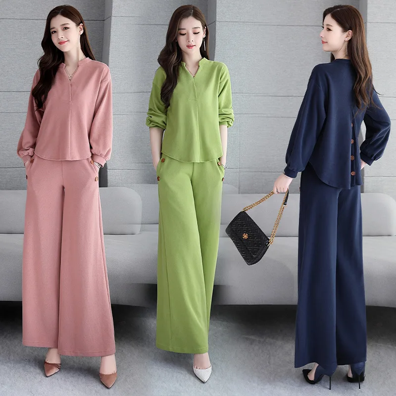 

Small V-neck Elegant Solid Color Loose Pants Slimming Trend Simple 2019 Autumn Set