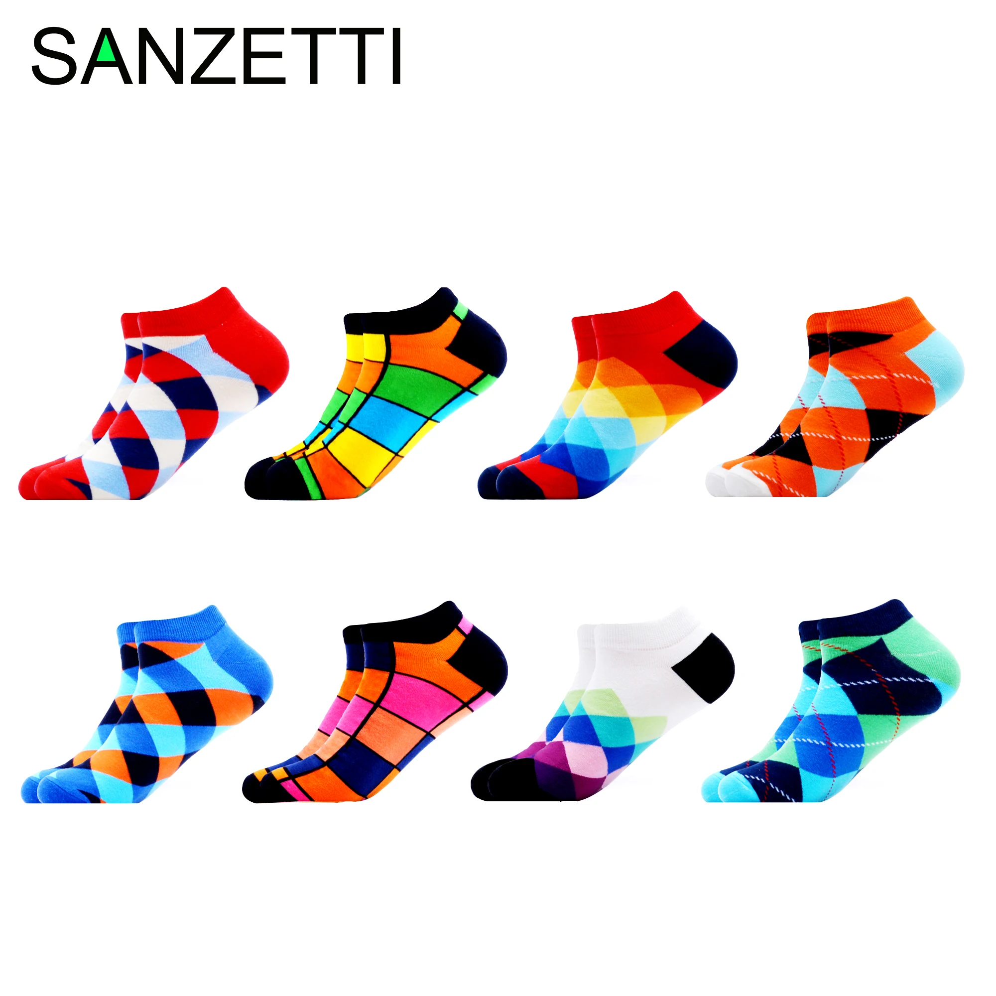 SANZETTI, 8 пар/лот, мужские летние повседневные чёсаные короткие носки, цветные носки в стиле хип-хоп, носки-башмачки в клетку с рисунком