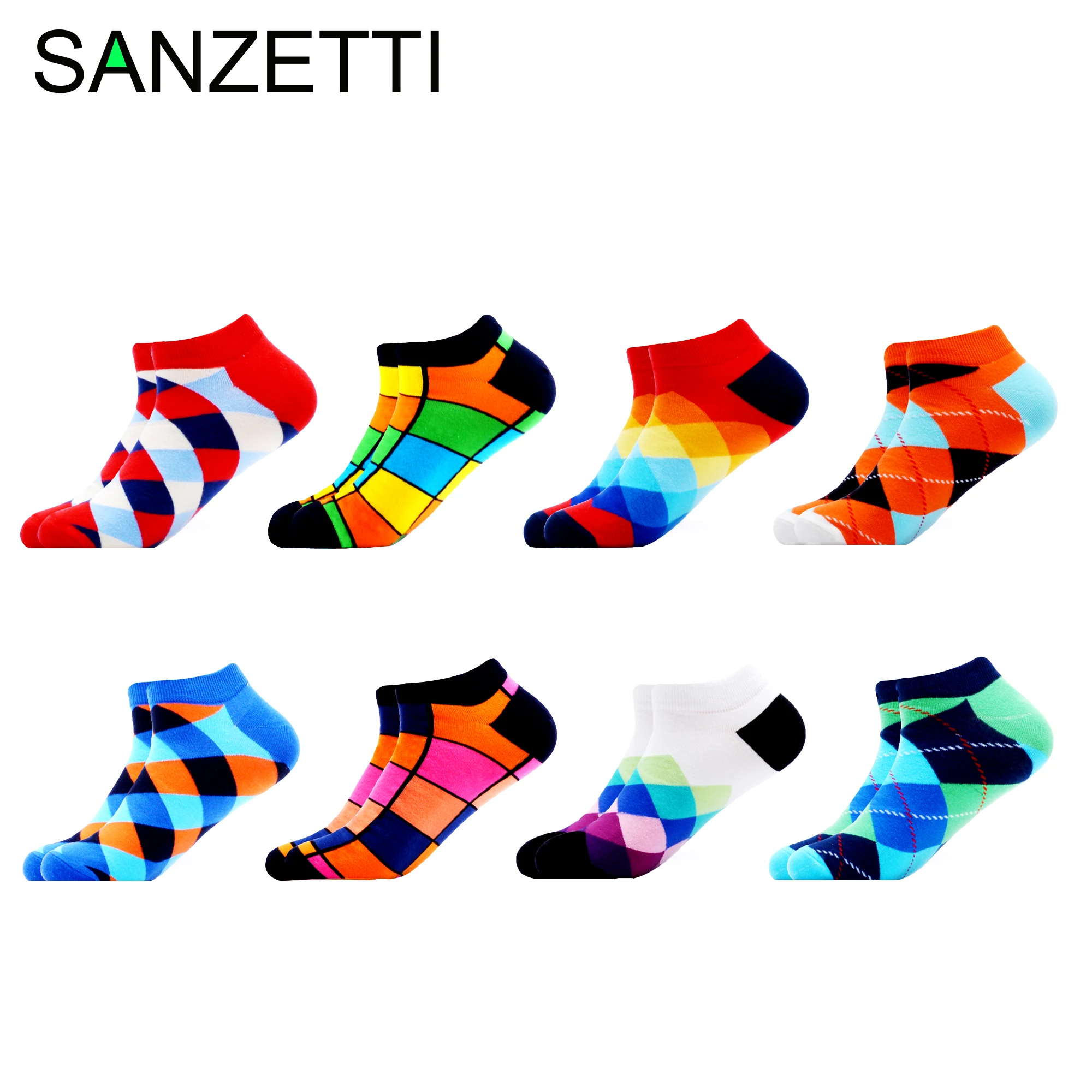 

SANZETTI 8 Pairs/Lot Men Summer Casual Combed Short Socks Colorful Happy Hip Hop Ankle Socks Pattern Painting Plaid Boat Socks