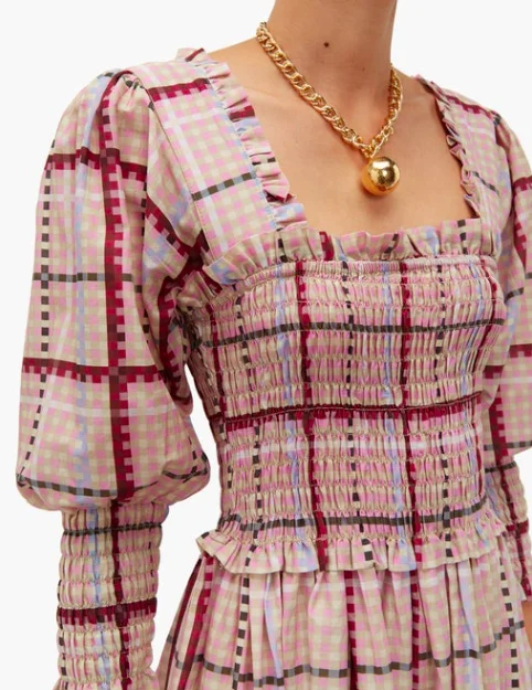 Дизайнерские разноцветные Gingham Smocked шифоновое макси-платье со сборками в клетку хлопок Пышное Платье в стиле ретро с оборками жоржет платье для пикника