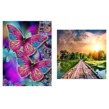 

2 Set 5D Full Diamond Painting 3D Round Rhinestones Diamond Painting Home Decor, Wooden Bridge Sunset & Colorful Butterfly