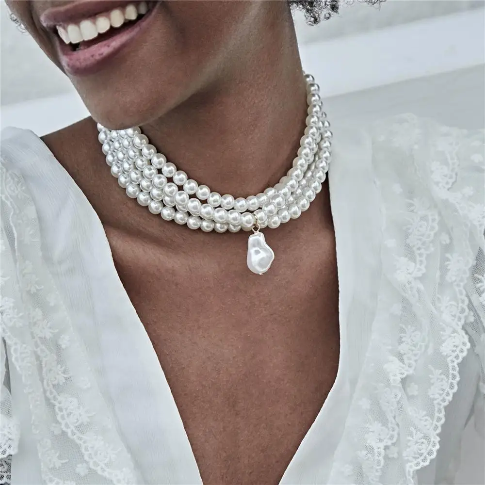 Многослойный белый искусственный жемчуг чокер с металлическим ломтиком фиксации широкий нагрудник модное ожерелье для женщин Свадебные украшения Шарм