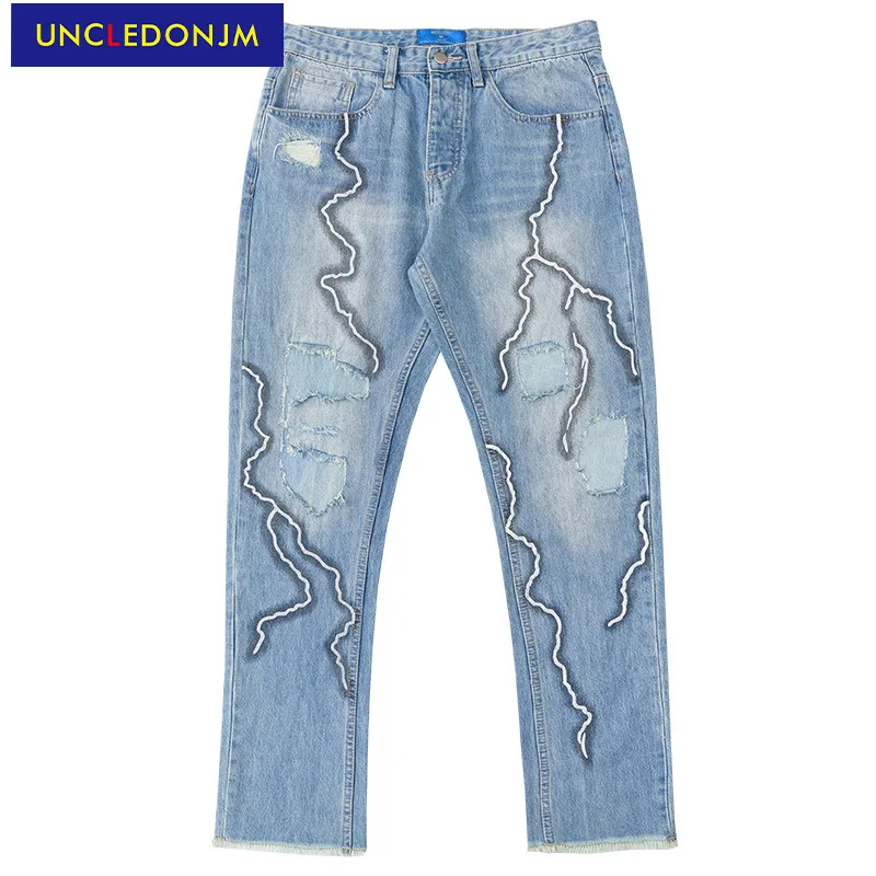 UNCLEDONJM jeans in denim lavato a fulmini uomo coreano street wear jeans  da motociclista jeans in denim High Street per uomo Jeans in difficoltà| Jeans| - AliExpress