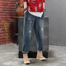 Осенние джинсы женские Ретро свободные джинсы женский эластичный пояс карман отверстие винтажная девушка-Мори повседневные брюки