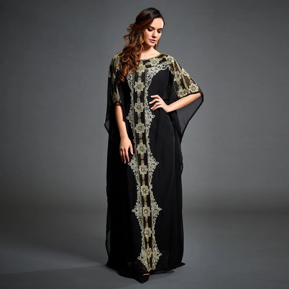 Abaya Luxury Moroccan Kaftan Dress Muslim Black Arabic For Women Print Chiffon Maxi Dresses Turkish Kimono Malaysia Robe 2021