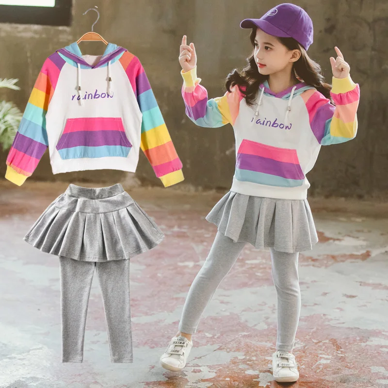 

Girls Rainbow Set Autumn Clothing 2020 New Style Big Boy Korean-style Fashionable Hoodie + Culottes Two-Piece Set Fashion Spring