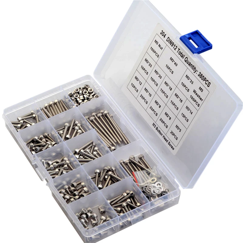 380pcs M3 Hexagon Socket Button Head Screw with Flat Washer Nut Set hexagon Cylinder Head Socket Head Cap Allen Bolt Screw Kit