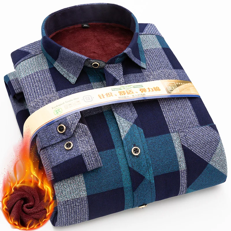 

Winter Warm Shirts For Men Regular Fit Thicker Top Blouse Asia Plus Size Big Plaid Casual Clothing Long Sleeves Camisa Masculina
