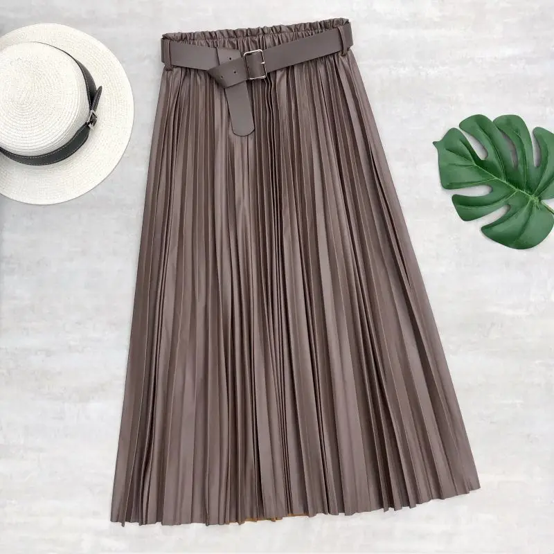 Neophil Women PU Faux Leather Runched Belt Skirts Paperbag Bud Waist Wavy Pleated Latex Crinkle Female Winter Long Skirt S21803