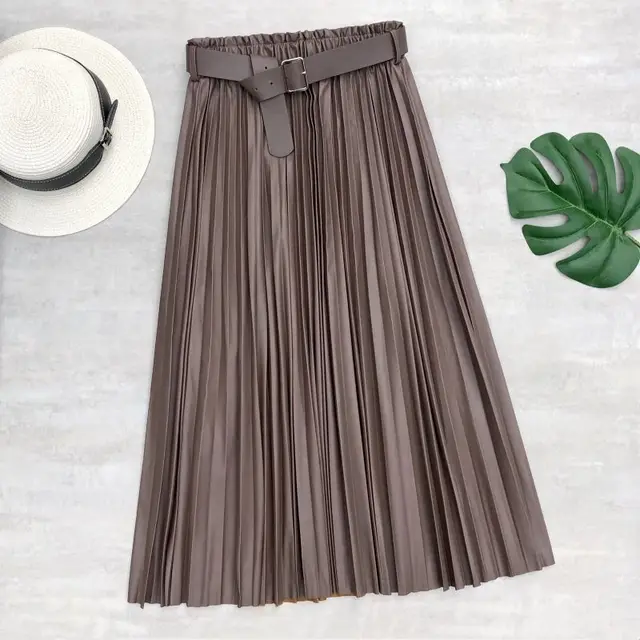 Neophil Women PU Faux Leather Runched Belt Skirts Paperbag Bud Waist Wavy Pleated Latex Crinkle Female Winter Long Skirt S21803 dark coffee