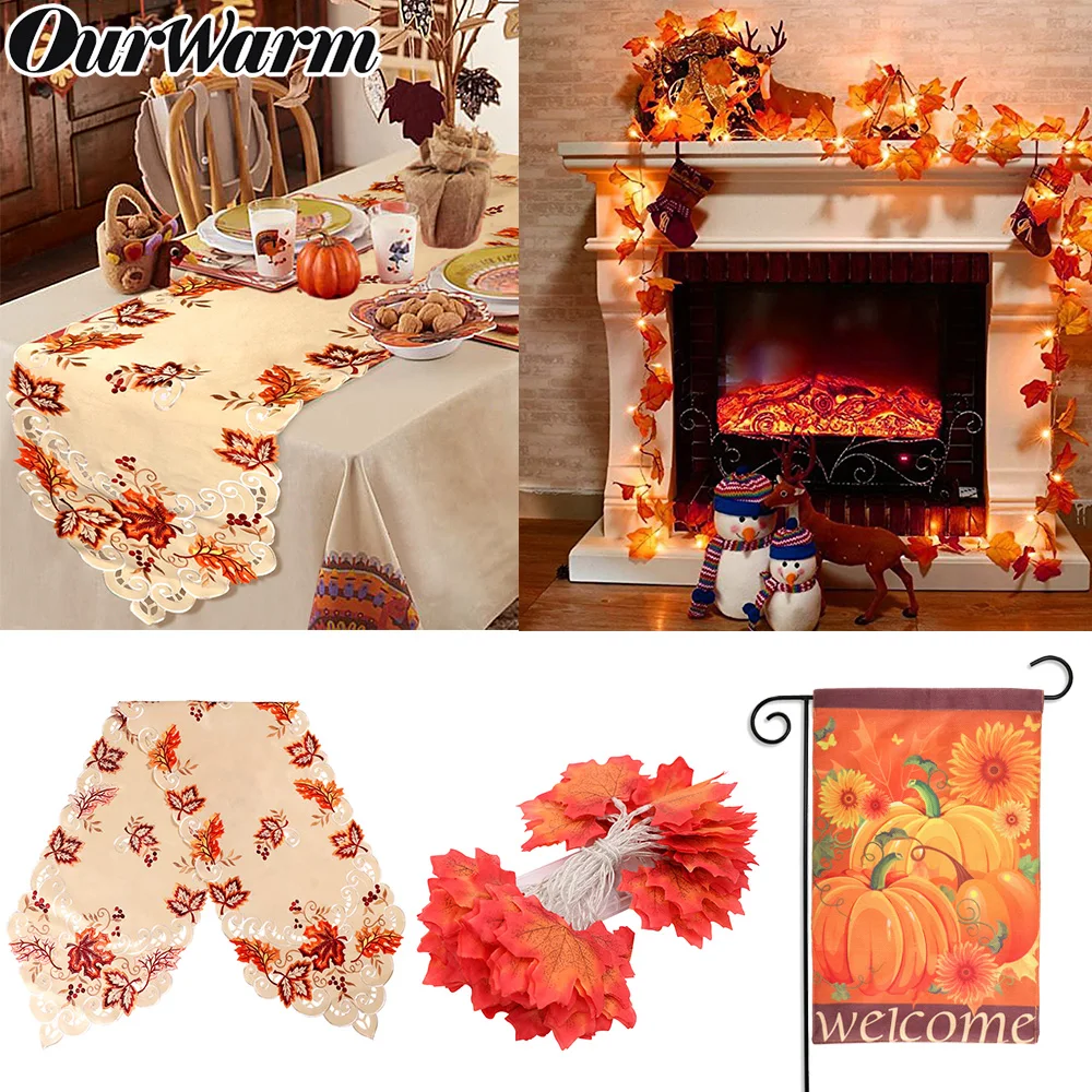 

OurWarm Thanksgiving Decorations Maple Leaves Table Runner Fall Garland String Light Garden Flag Harvest Festival Party Supplies