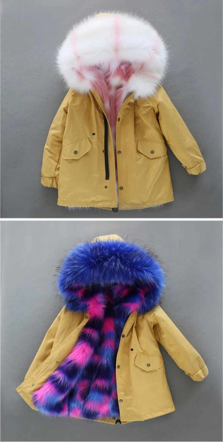 Dollplus/-30 градусов новая одежда для девочек с длинными рукавами, одежда с мехом зимняя куртка теплая детская одежда утепленный пуховик с капюшоном, пальто из искусственного меха подростков верхняя одежда; парка