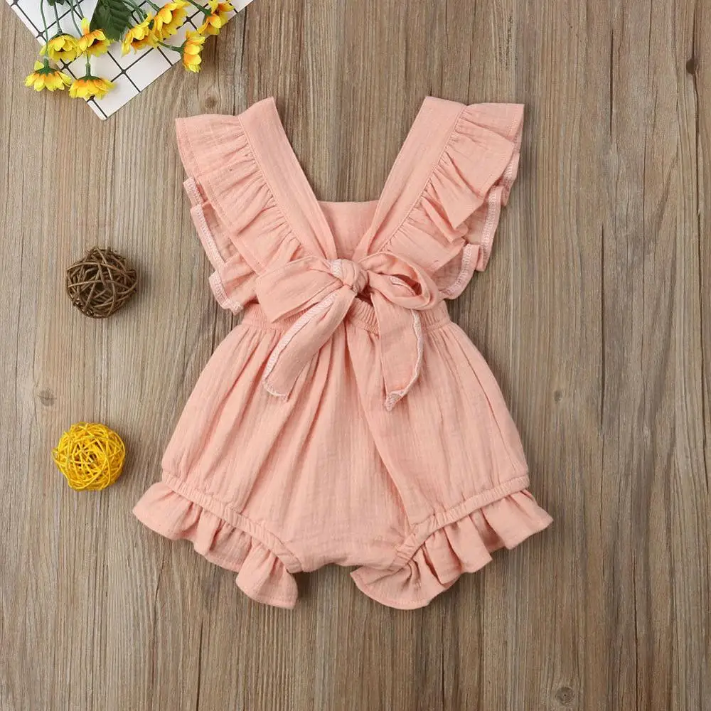2020 Baby Summer Clothing Newborn Toddler Kids Ruffle Solid Bow Romper Backcross Linen Jumpsuit Bebe Outfits Clothes 6-24M