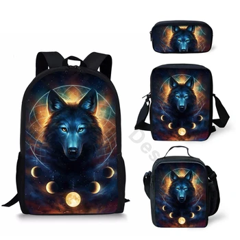 

THIKIN Creative Moon Wolf Print School Bags Set Accessories with Mini Pen Bag Student Backpack for Boy Grils Custom Logo Mochila