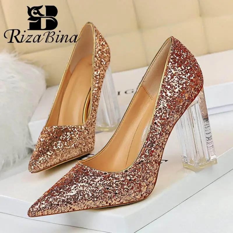 

RIZABINA Women High Heel Shoes Bling Shine Fashion Clear Heels Office Ladies Pumps Spring Wedding Party Footwear Size 34-43