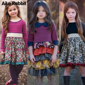 

2019 NEW INS Girls Fashion Dress Floral Pastoral Style Striped Long-sleeved Dress England Sweet Princess For 3-12 Year Girl