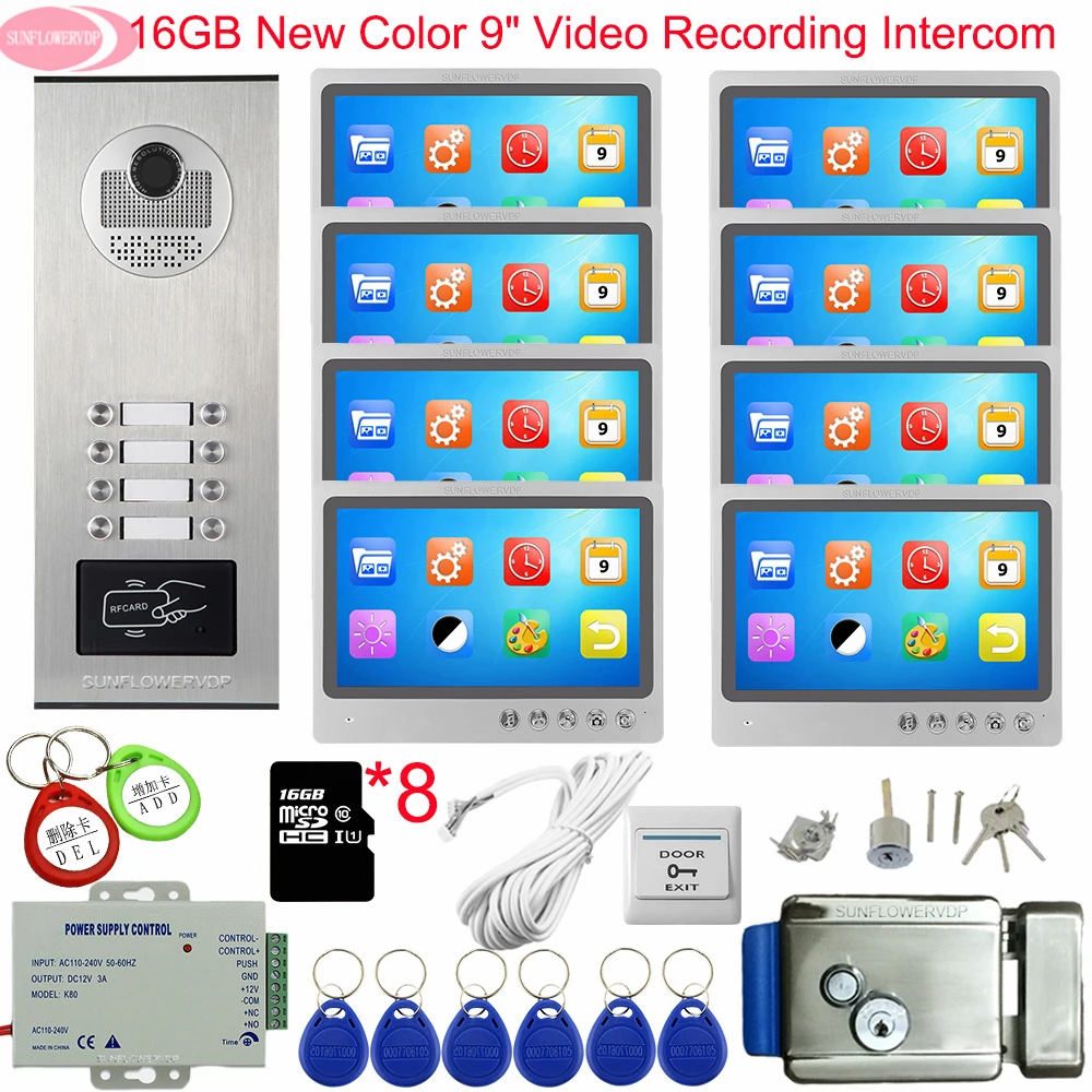9inch Color Video Intercom With Recording+16GB TF Card Intercoms For a Private House With a Lock Doorbell With Camera And Screen