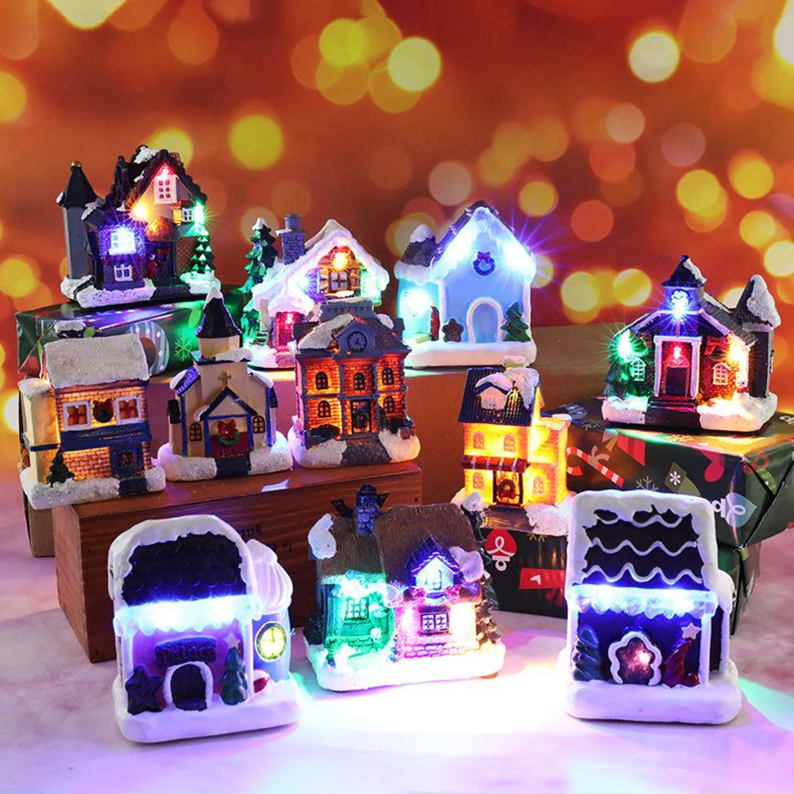 Christmas House Decor LED Light Resin Village Ornament Gift Decoration K