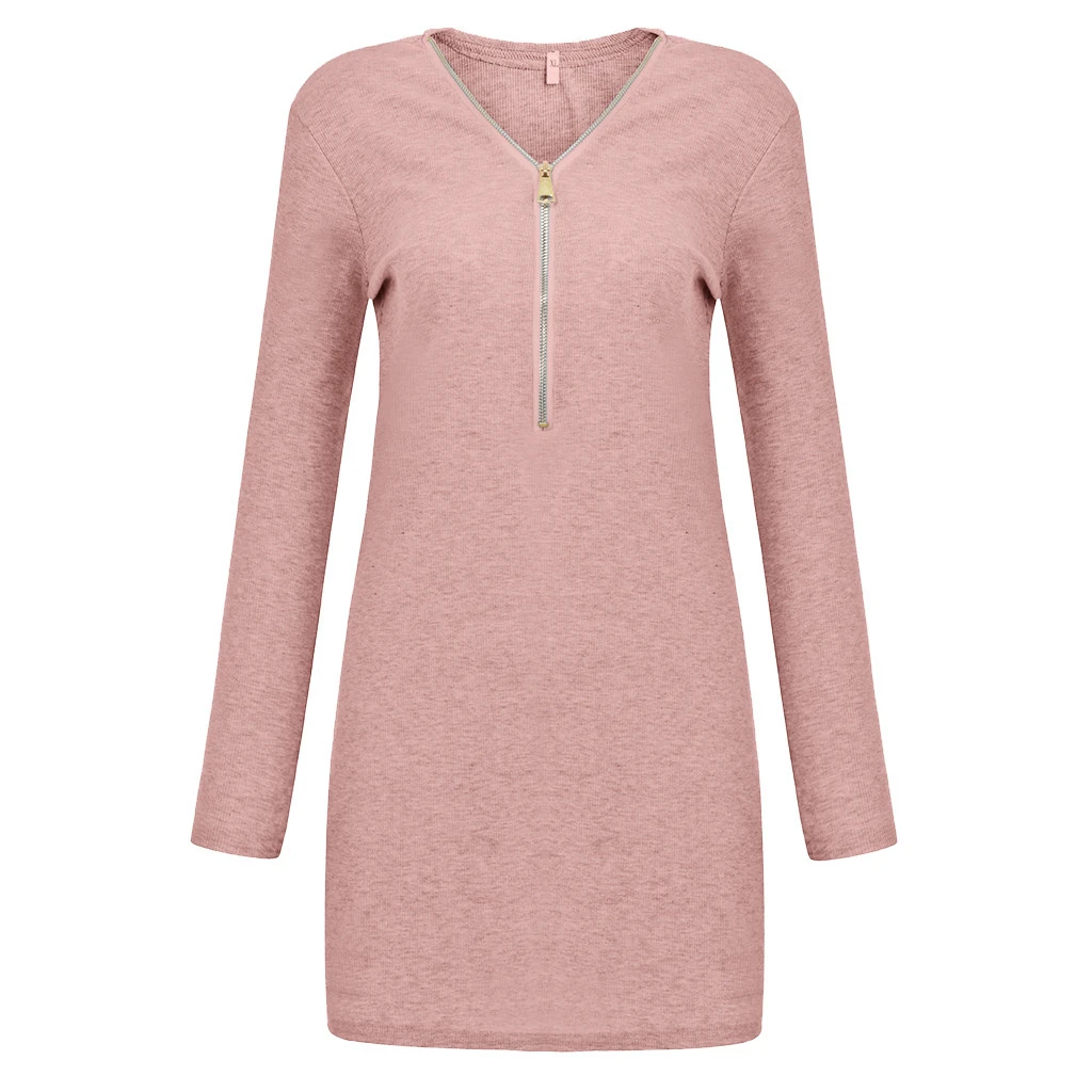 Above Knee Dress Fashion Women AutumnSexy Solid V-Neck Dresses Long Zipper Long Sleeve Tight Winter Mini Dress Girl Ladies 729