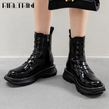 

RIBETRINI Brand New Design Skidproof Sole Shoelaces Patent Leather Motorcycles Boot Fashion Winter Shoes Boots Women