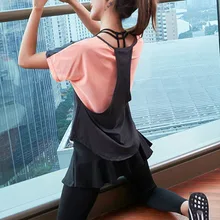 Женская свободная футболка для йоги с коротким рукавом, дышащая сетка, имитация двух частей, спортивная одежда, C55K, распродажа