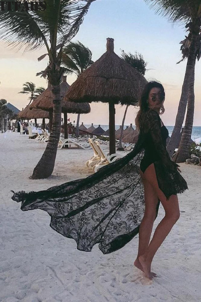 Черный Whie женский кружевной Цветочный кардиган пляжное длинное платье накидка сексуальное бикини покрытие Солнцезащитная пляжная одежда