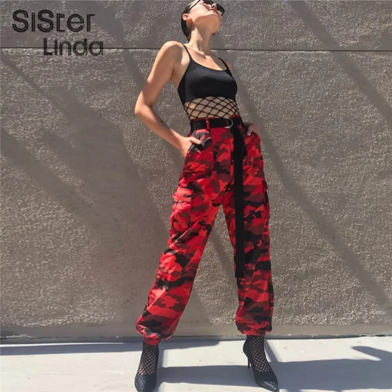 Sisterlinda, красные камуфляжные штаны для женщин, высокое качество, спортивные штаны,, осенняя мода, высокая талия, Pantalon Mujer Demin Camo pants
