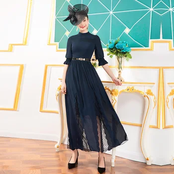 

2020 Spring Summer Office Lady Long Dress Hollow Out Patchwork Runway Dress Vintage Evening Dress Ankle-Length DZ1193