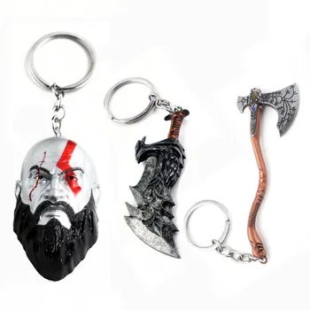 

RJ 20Pcs/Lots Hot Game God Of War 4 Keychains 3D Kratos Mask Keyring Kui Ye Axe Hammer Knife Weapons Model Men Cosplay Car Gift