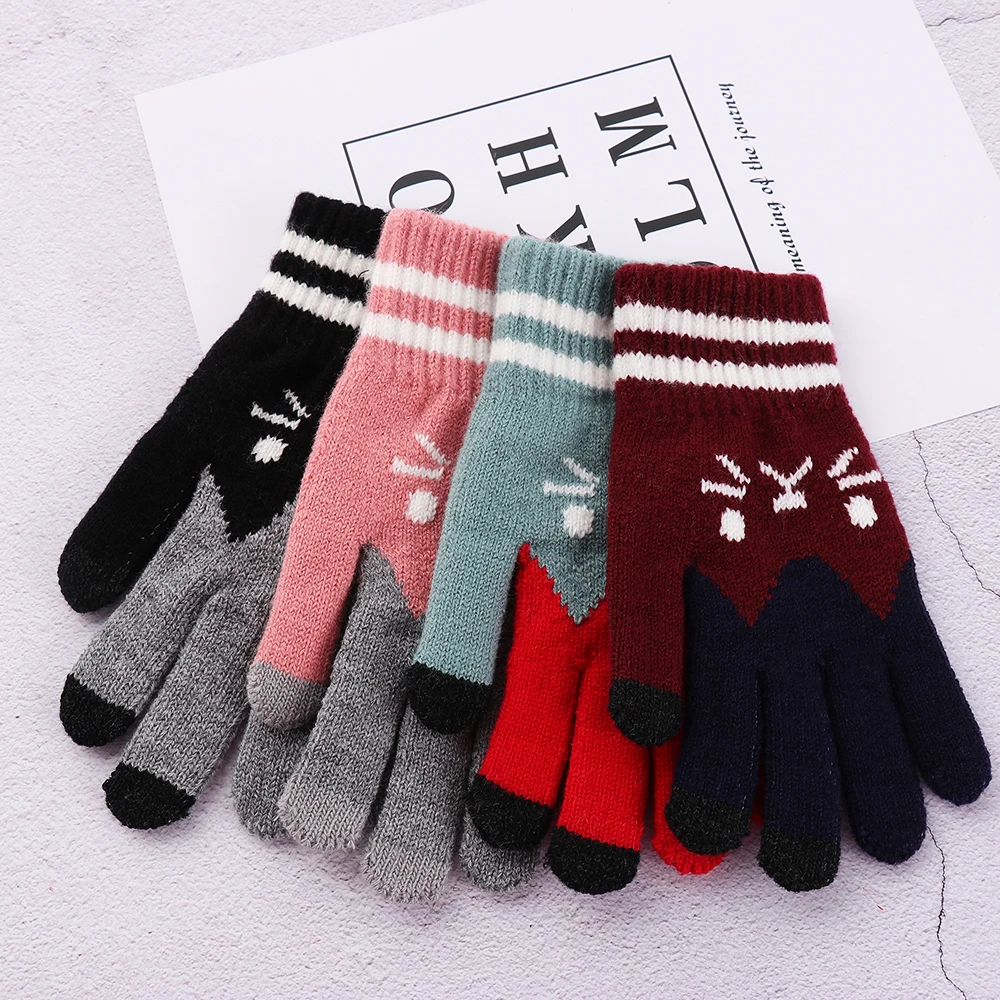 Winter Touch Screen Gloves Women Girl Cute Cartoon Cat Printed Wool Knitted Full Finger Mittens For Girls Christmas Gifts