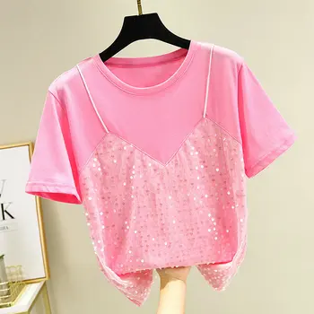 

Short-sleeve T-shirt for Women Summer Super Fire Fake Two-Piece Sequin Half Sleeve Casual T-shirts Tops Women's Loose Tshirt Top