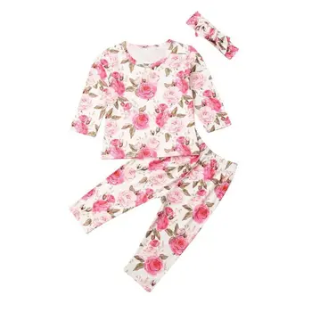 

0-3Y Newborn Baby Girl Floral Clothes Long Sleeve Cotton T-shirt Tops Long Pant Trouser Headband 3PCS Baby Clothing Set
