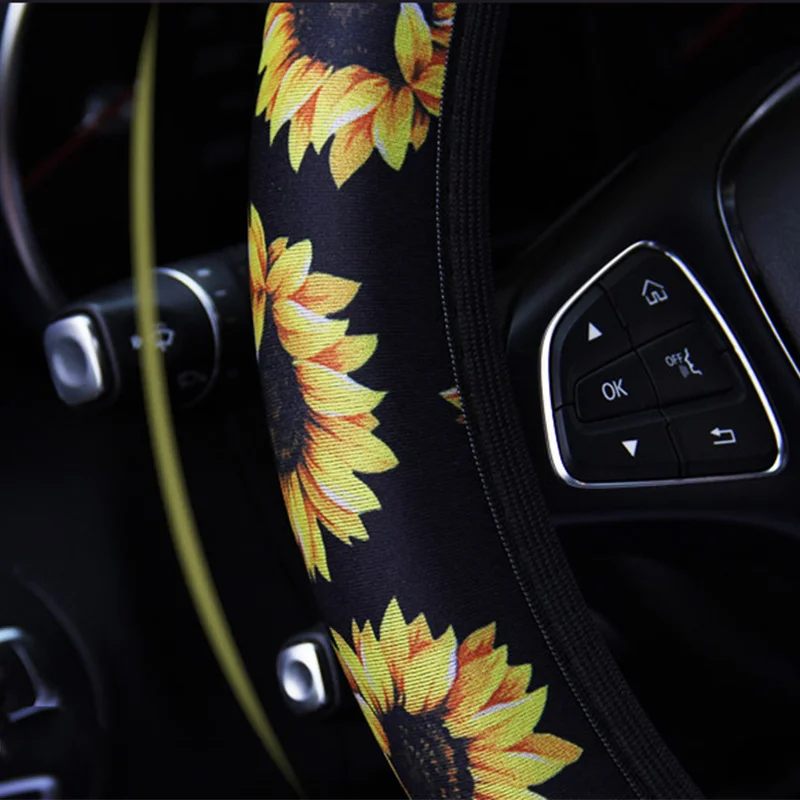 Чехол рулевого колеса автомобиля трикотажная ткань Подсолнух цветочный принт рулевые чехлы авто Нескользящие эластичные неопреновые автостайлинг