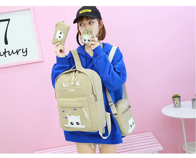 Fashion Cartoon Kitten backpack for ladies High quality canvas school bag for teen girls College 4pcs/set school backpacks