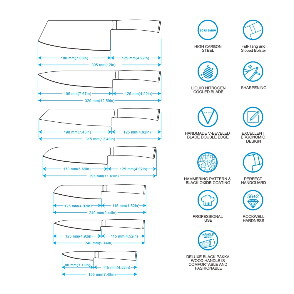 Набор кухонных ножей Everrich 7 шт., нож шеф-повара, нож Santoku, универсальный нож, нож для очистки овощей, острый Кливер, нож для нарезки, подарок