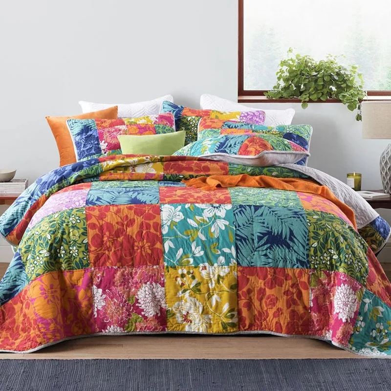 Luxorate Embroidered Patchwork Bedspread Throw Set Comforter Pillow Case Double King Size Bed 