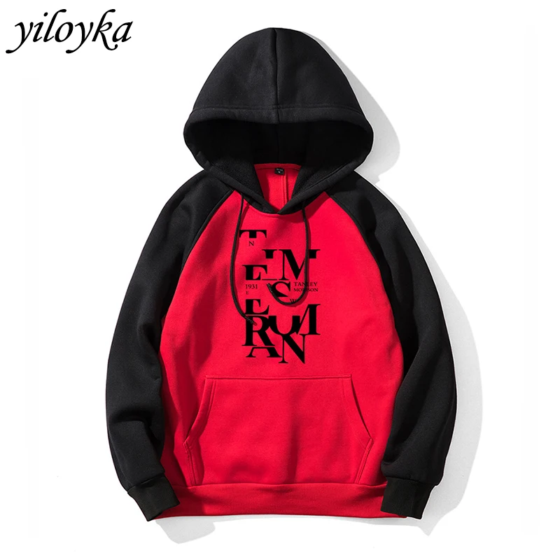 

New Warm Hoodies Men's Sweatshirt Hip Hop Pocket Sweatshirt Man Fleece Autumn Letter Print Patchwork Hoodie Men Streetwear Hoody