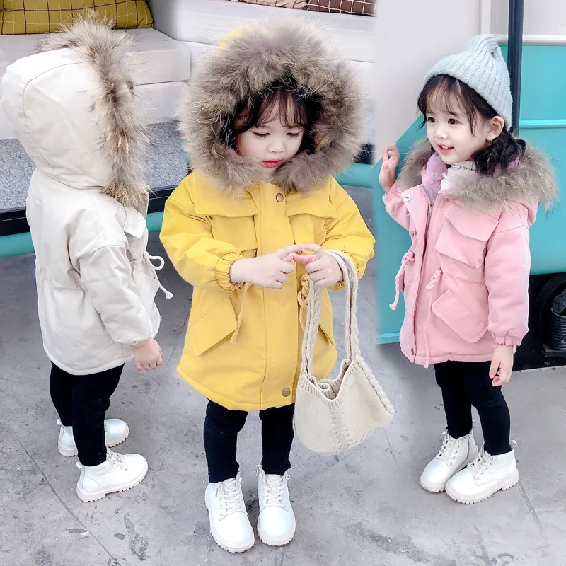 

Girls Winter Coat Children Solid Color Fur Collar Hooded Jackets Baby Girls Drawstring Long Thick Plus Velvet Jacket
