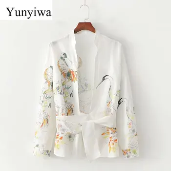 

2020 New Women Vintage Cross V Neck Printing Casual Kimono Blouse Belt Chic Shirt Retro Long Sleeve Femininas Blusas Tops