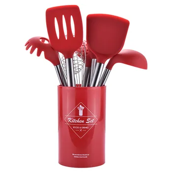 

9PCS Silicone Kitchen Cookware Stainless Steel Handle Nonstick Cooking Tools with Storage Bucket BBQ Tools Kitchen Accessories