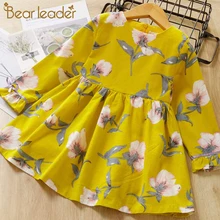 Платье с длинным рукавом для девочки Bear Leader, осеннее стильное брендовое детское цельнокроеное приталенное платье, с длинными рукавами и цветочным принтом